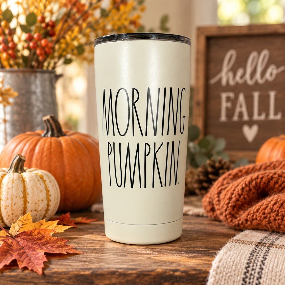 Rae Dunn Morning Pumpkin 17 oz Travel Mug Fall Stainless Steel Tumbler